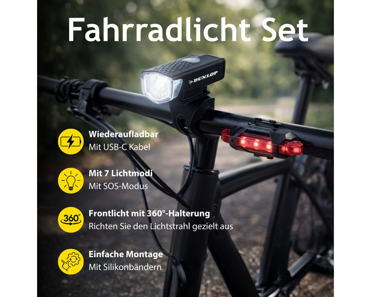 Dunlop Fahrradbeleuchtung Dunlop Fahrradlicht Set USB Wiederaufladbar - Fahrrad Licht