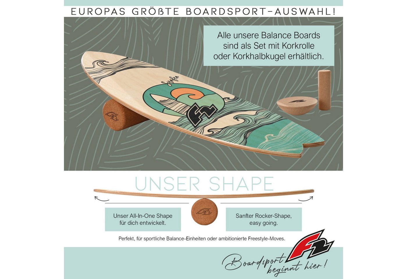 F2 Balanceboard F2 Set Balance Board Surfer 87x32cm mit Kork Halbkugel Bild 2