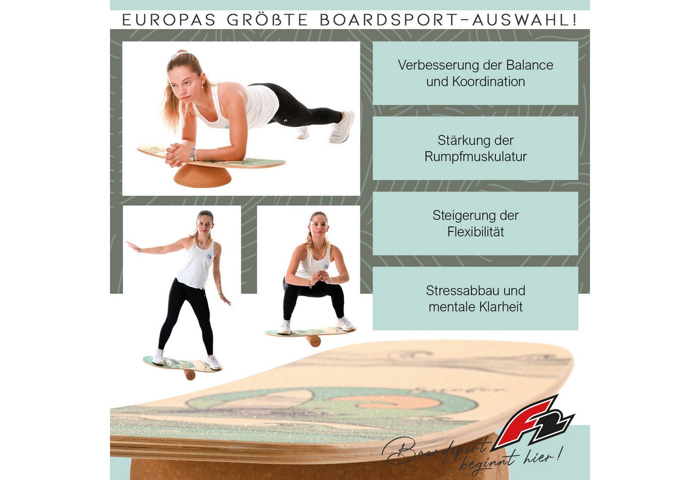 F2 Balanceboard F2 Set Balance Board Surfer 87x32cm mit Kork Halbkugel Bild 4