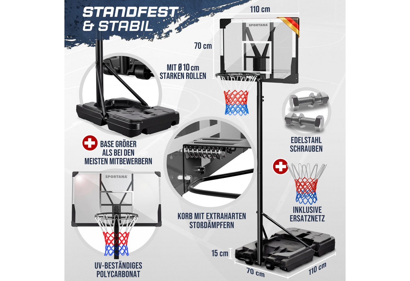 Sportana Basketballkorb, Outdoor höhenverstellbar 135–305 cm Ständer Hoop Großer Standfuß Bild 2