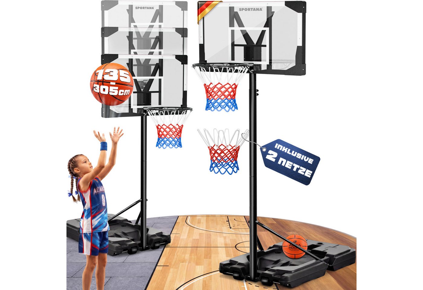 Sportana Basketballkorb, Outdoor höhenverstellbar 135–305 cm Ständer Hoop Großer Standfuß Bild 4