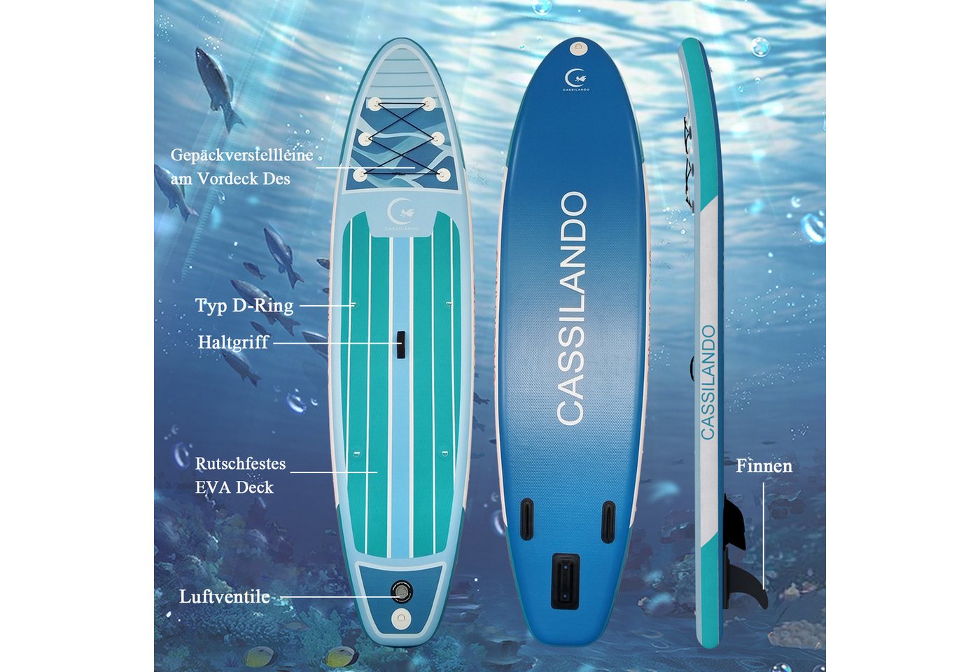 CASSILANDO SUP-Board Aufblasbares SUP-Board 335 x 84 cm mit 220 kg Belastbarkeit, (Hand pumpe, Verstellbares Paddel, Sicherheitsgurt, Reparatursatz, Rucksack), Pumpe