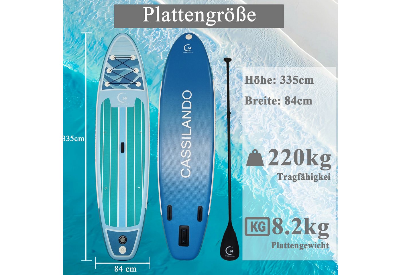 CASSILANDO SUP-Board Aufblasbares SUP-Board 335 x 84 cm mit 220 kg Belastbarkeit, (Hand pumpe, Verstellbares Paddel, Sicherheitsgurt, Reparatursatz, Rucksack), Pumpe Bild 2