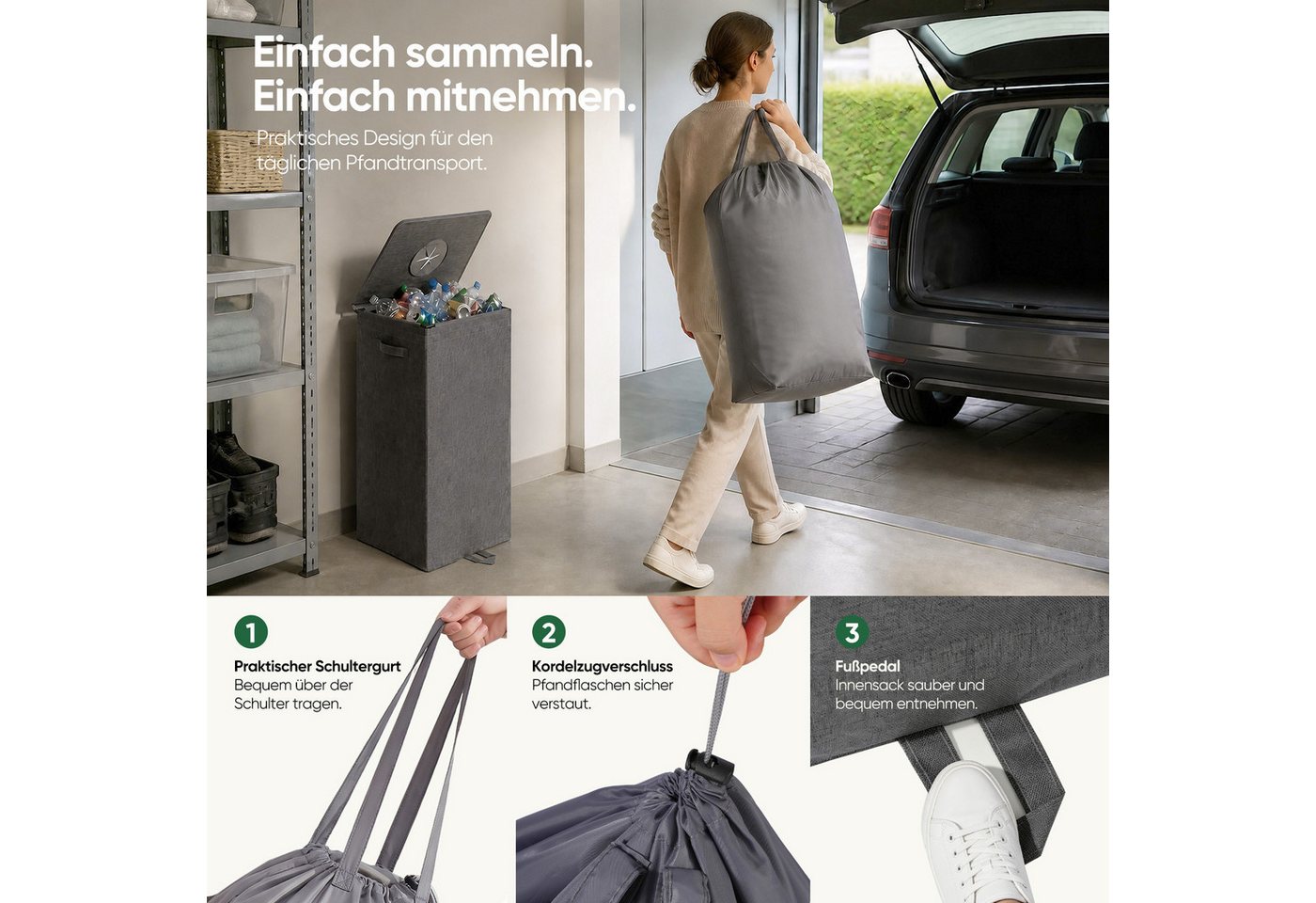Sekey Flaschenkorb Pfandflaschen Sammelbehälter Flaschensammler für Leergut Aufbewahrung, 100L Pfandflaschen-Behälter mit Deckel als Tragetasche für Recycling Bild 2