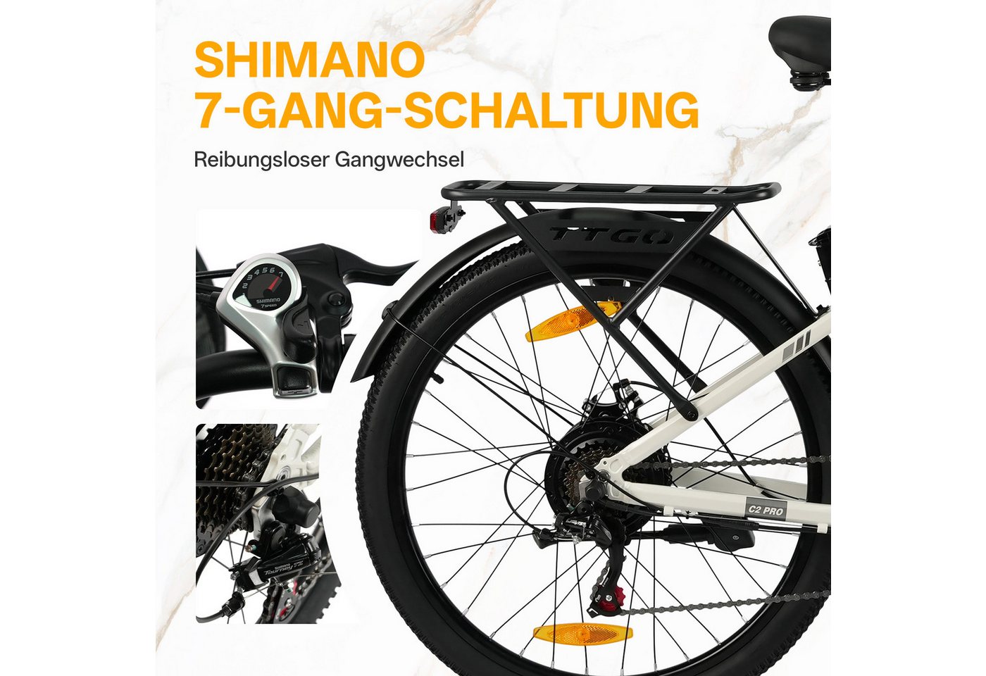 TTGO E-Bike Cityrad 26 Zoll Elektrofahrrad, 80-120km, mit Frontkorb und Gepäckträger, 7 Gang SHIMANO, Kettenschaltung, Heckmotor, 650 Wh, (bis zu 125kg, für ca. 160–185cm), 5 Stufen, Farbdisplay, Aluminiumrahmen, Federgabel, für Damen Herren Bild 2