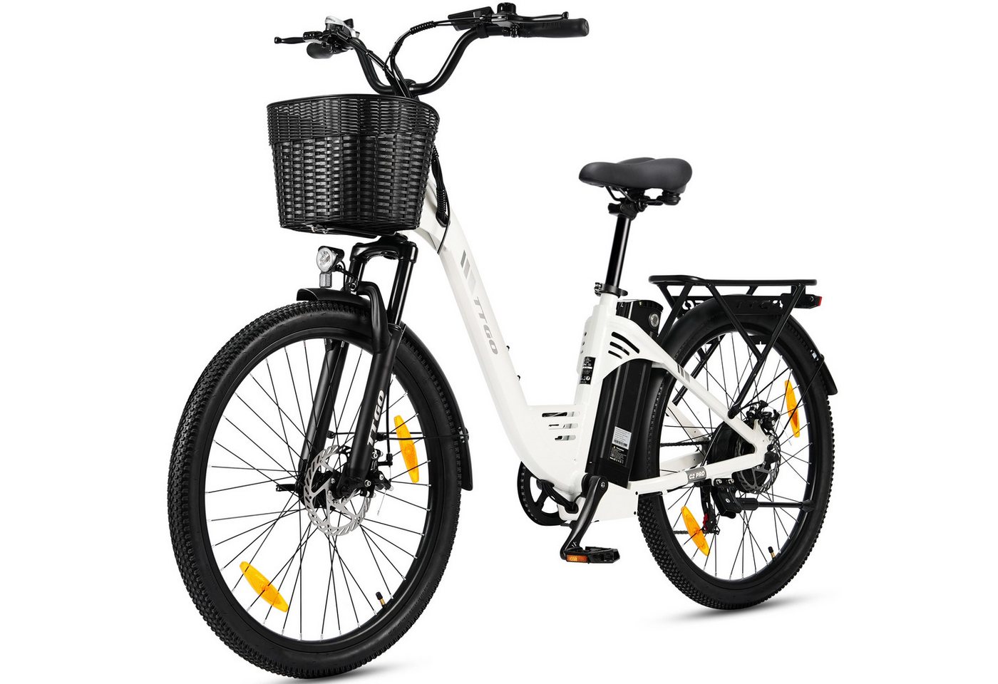 TTGO E-Bike Cityrad 26 Zoll Elektrofahrrad, 80-120km, mit Frontkorb und Gepäckträger, 7 Gang SHIMANO, Kettenschaltung, Heckmotor, 650 Wh, (bis zu 125kg, für ca. 160–185cm), 5 Stufen, Farbdisplay, Aluminiumrahmen, Federgabel, für Damen Herren Bild 3