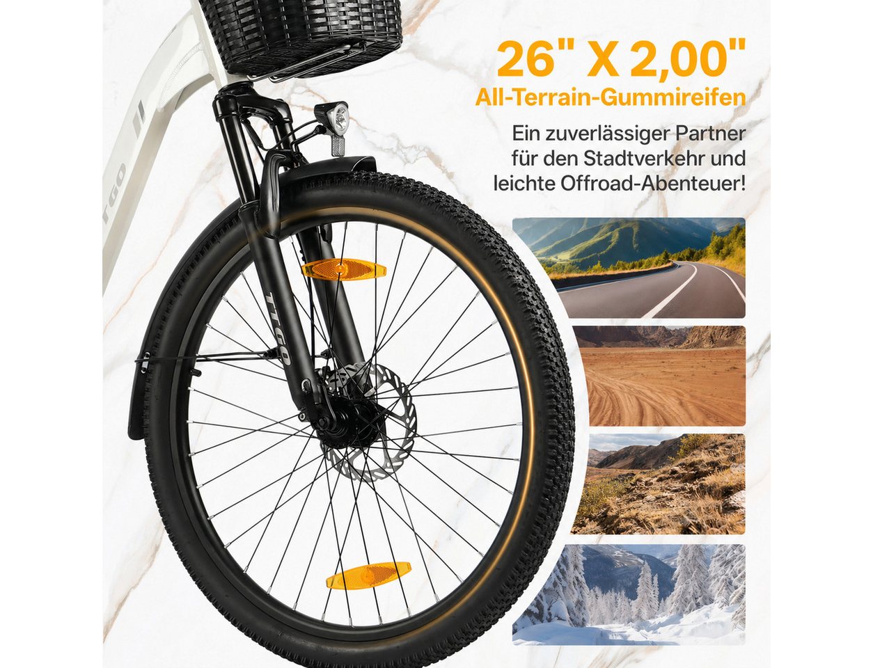 TTGO E-Bike Cityrad 26 Zoll Elektrofahrrad, 80-120km, mit Frontkorb und Gepäckträger, 7 Gang SHIMANO, Kettenschaltung, Heckmotor, 650 Wh, (bis zu 125kg, für ca. 160–185cm), 5 Stufen, Farbdisplay, Aluminiumrahmen, Federgabel, für Damen Herren Bild 4