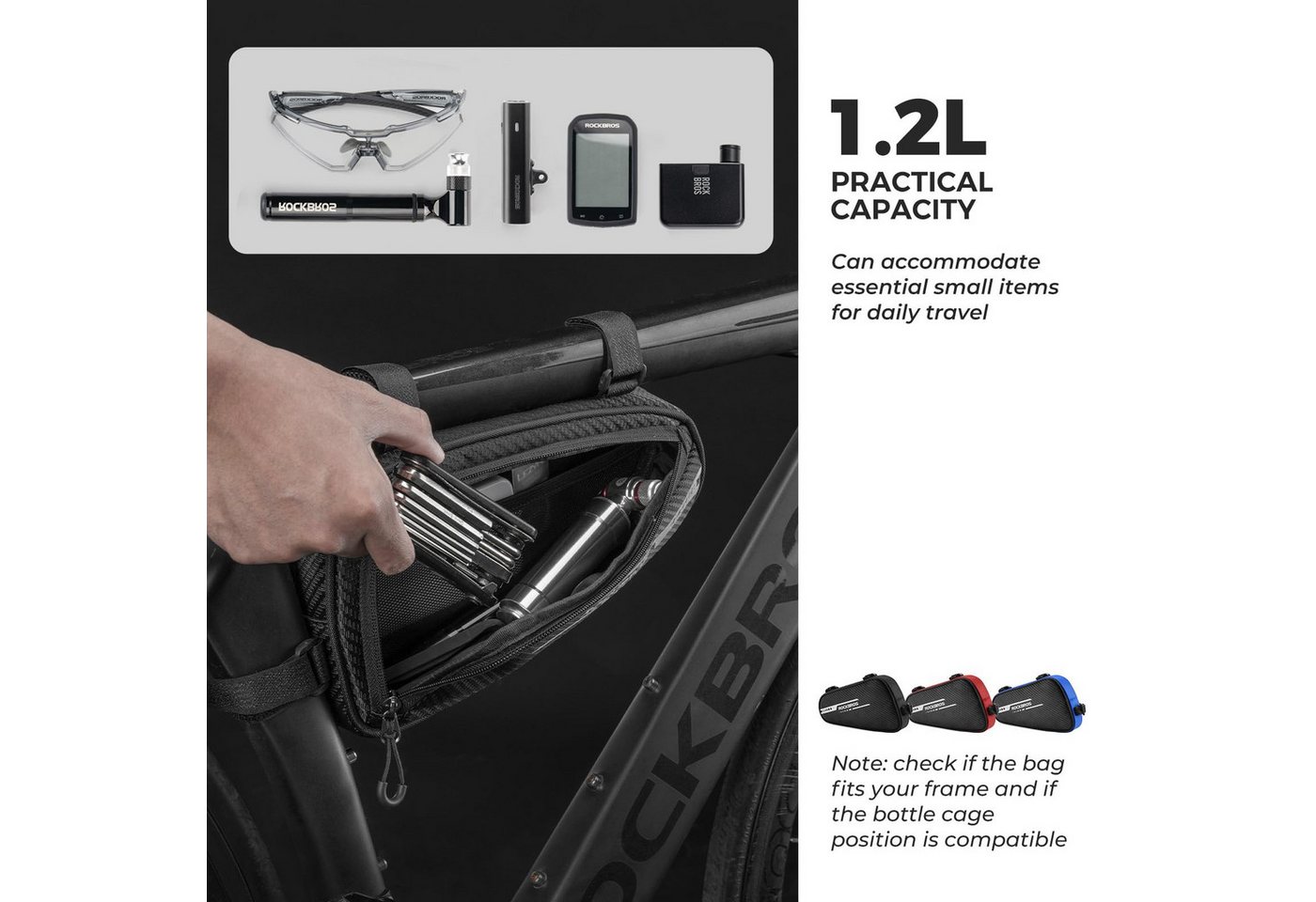 ROCKBROS Rahmentasche Dreieckstasche 1,2L Fahrradtasche für MTB (Rennräder Wasserabweisende Werkzeugtasche) Bild 2