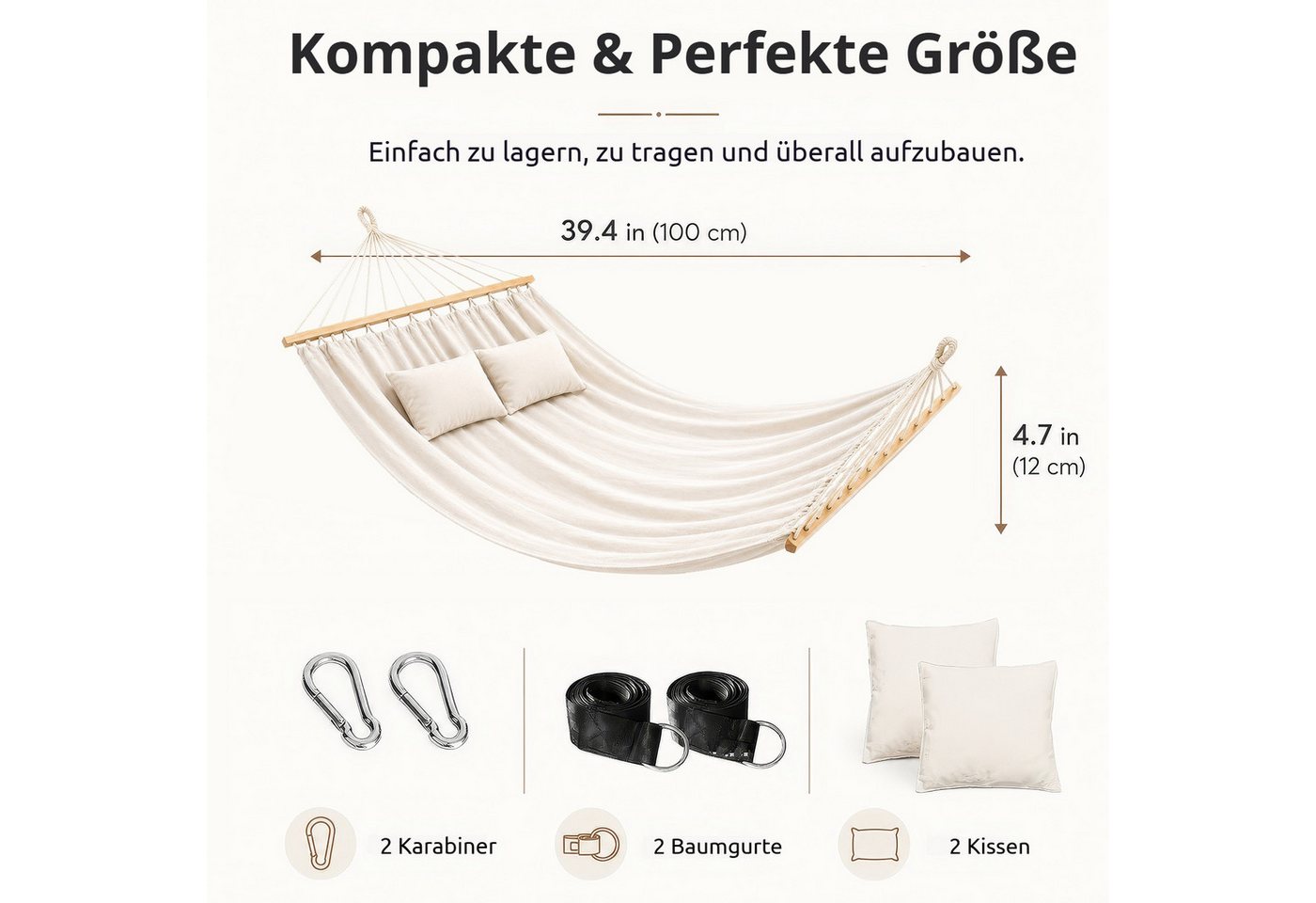 BlingBin Hängematte 2-Personen XXL Doppelhängematte mit Holzspreizstäben & 2 Kissen (1er Set, 1 St., 200*150cm), bis 240 kg Tragkraft für Garten und Balkon Bild 3