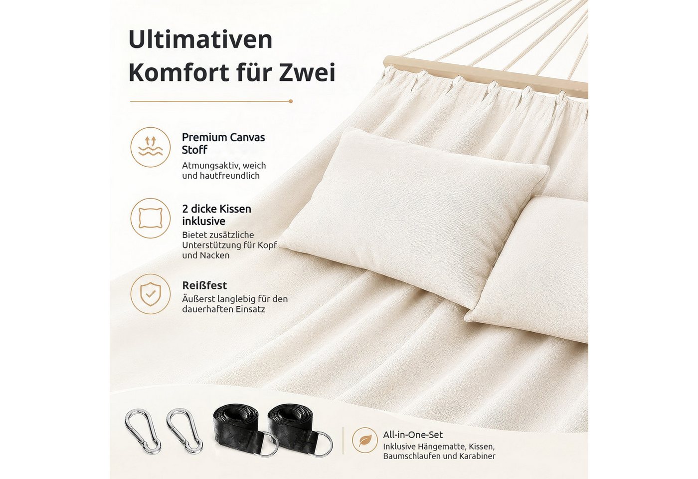 BlingBin Hängematte 2-Personen XXL Doppelhängematte mit Holzspreizstäben & 2 Kissen (1er Set, 1 St., 200*150cm), bis 240 kg Tragkraft für Garten und Balkon Bild 4