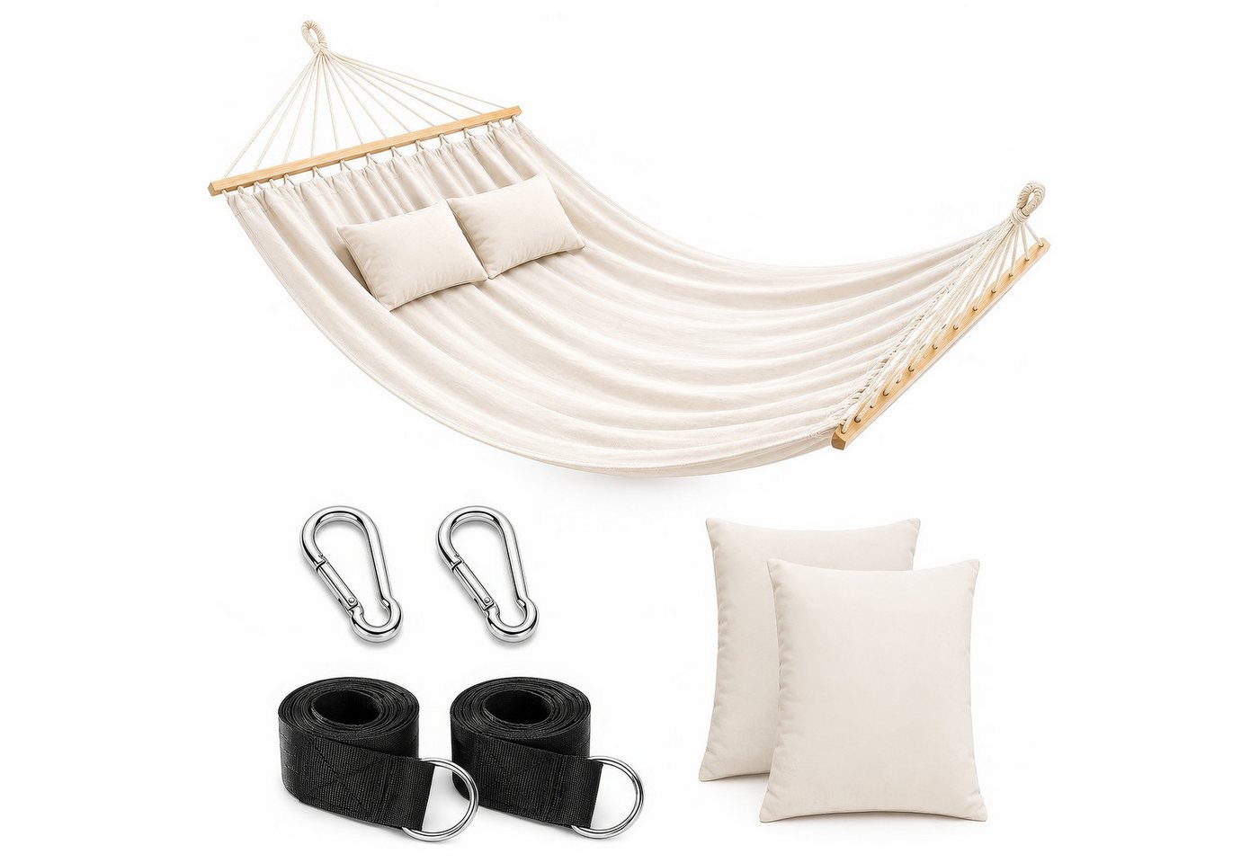 BlingBin Hängematte 2-Personen XXL Doppelhängematte mit Holzspreizstäben & 2 Kissen (1er Set, 1 St., 200*150cm), bis 240 kg Tragkraft für Garten und Balkon Bild 5
