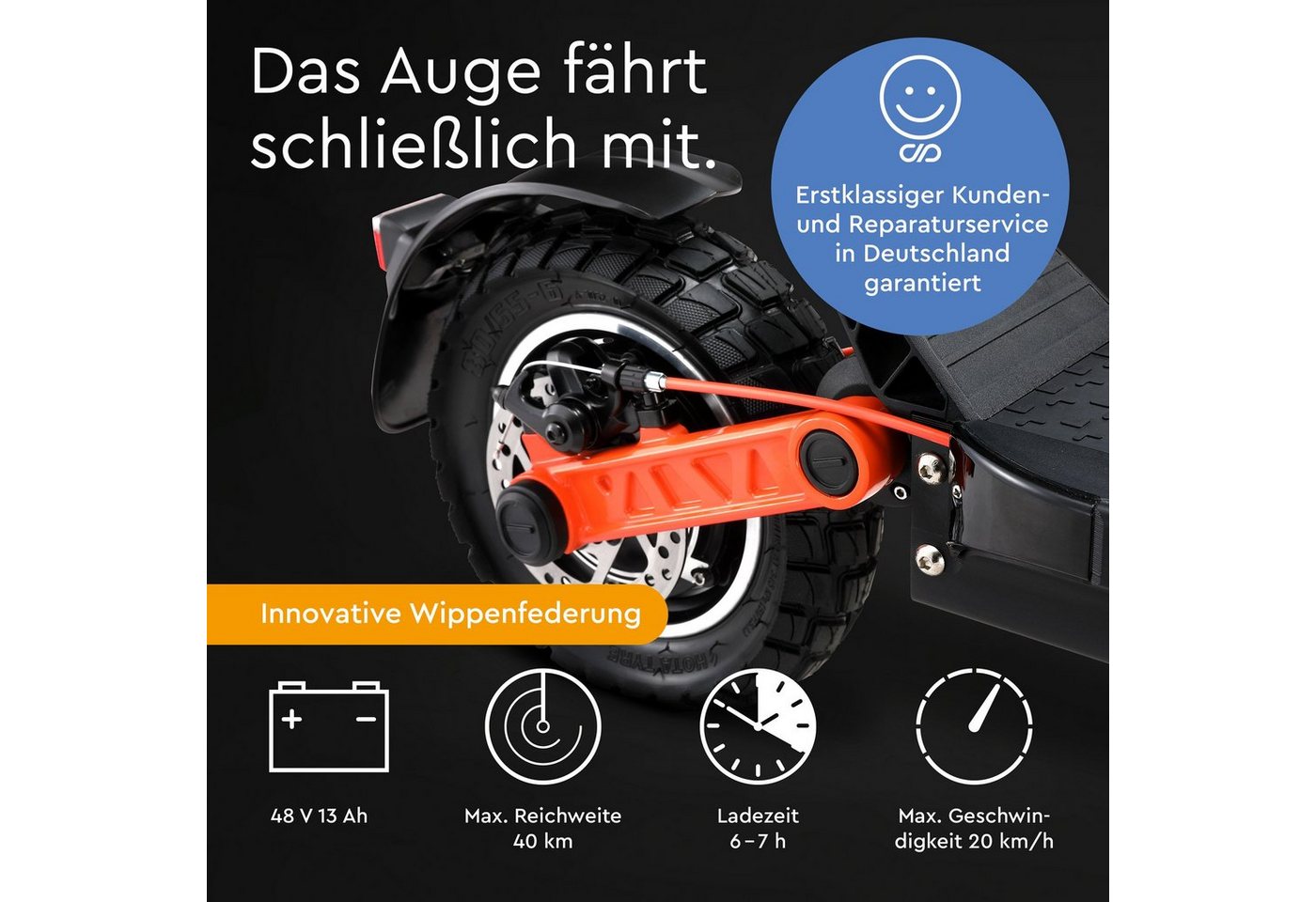 JOYOR E-Scooter Offroad Elektroroller S5 ABE mit Straßenzulassung 10 Zoll 624Wh Akku, 20 km/h, 500W, hohe Reichweite, vollgefedert Bild 3