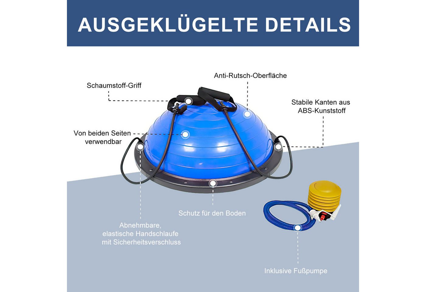 SURFOU Balanceboard Balance Ball Yoga Gleichgewichtstrainer 46cm bis 150 KG belastbar, AntiRutsch Halbkugel Halbball mit Pumpe und 2 Fitnessbändern