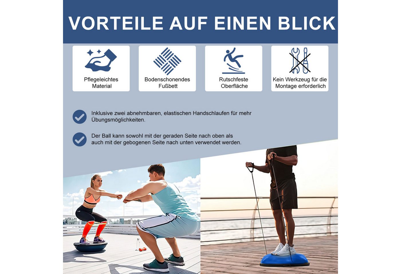 SURFOU Balanceboard Balance Ball Yoga Gleichgewichtstrainer 46cm bis 150 KG belastbar, AntiRutsch Halbkugel Halbball mit Pumpe und 2 Fitnessbändern Bild 3