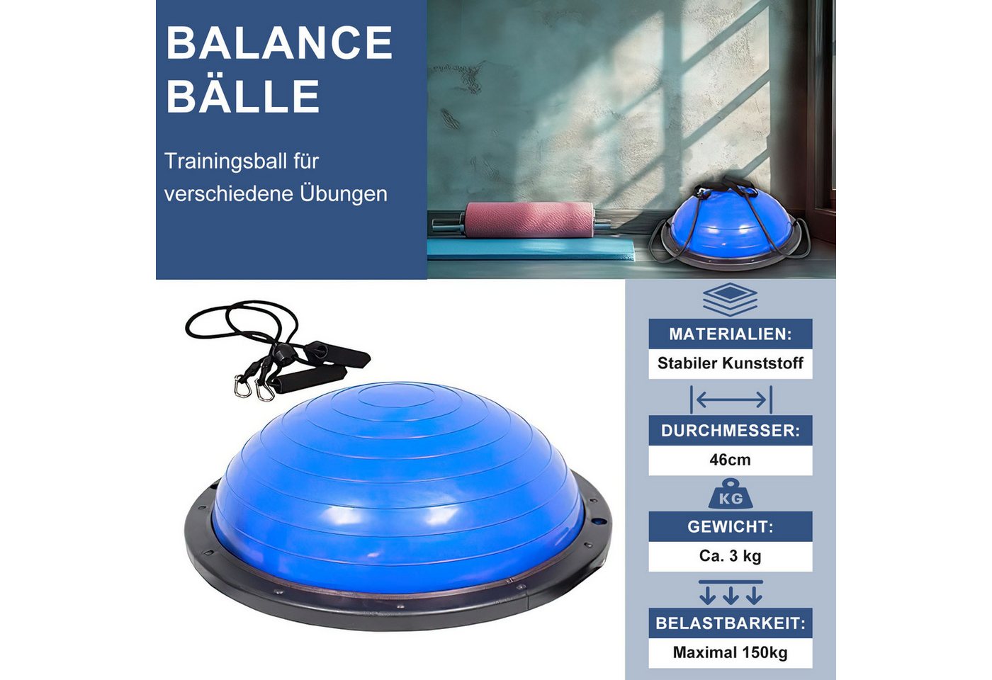 SURFOU Balanceboard Balance Ball Yoga Gleichgewichtstrainer 46cm bis 150 KG belastbar, AntiRutsch Halbkugel Halbball mit Pumpe und 2 Fitnessbändern Bild 5