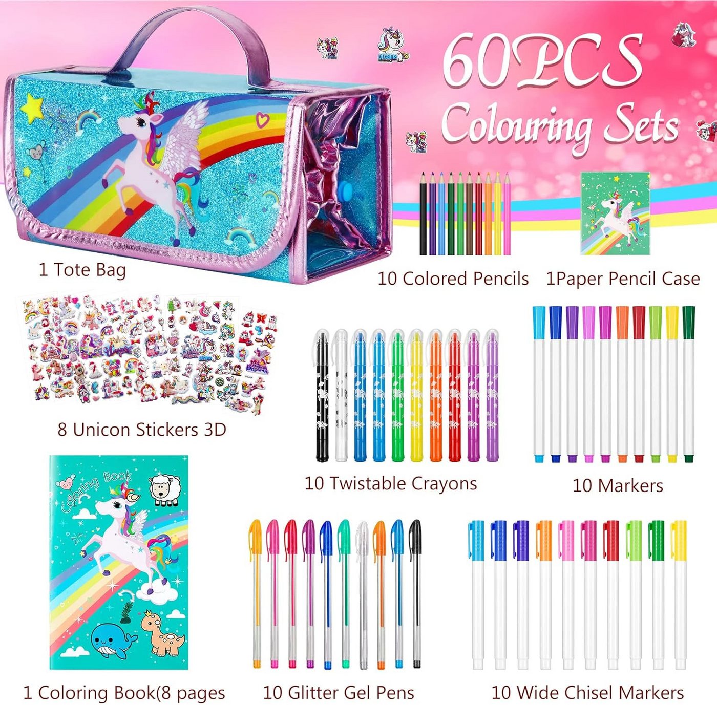 Auney Buntstift Malset Kinder Einhorn Malkoffer Federmäppchen 60 Teile Set, (Malset Kinder Einhorn mit Stiften Malbuch und Zubehör 60 Teile, 60-tlg., Kinder Malset Einhorn Zeichenset mit Stiften und Zubehör Set), Malset mit Einhorn Design 60 Teile mit Tasche und Zubehör Set