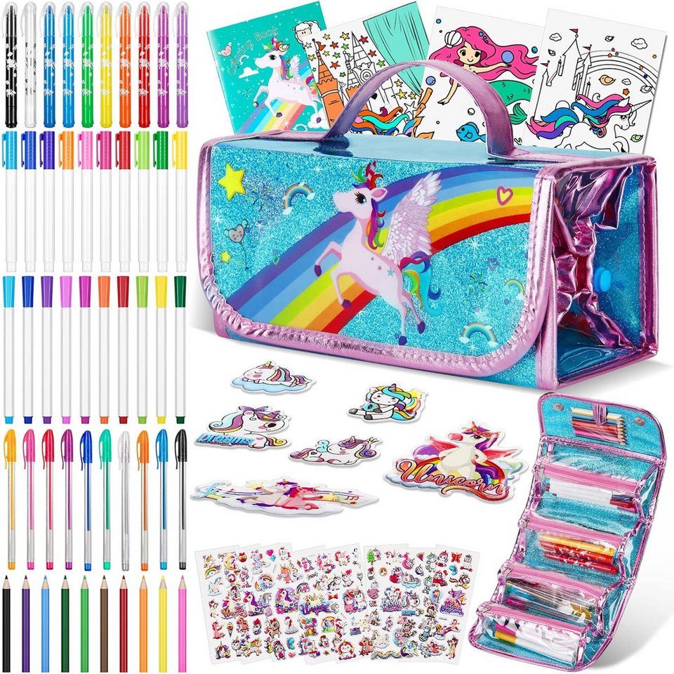 Auney Buntstift Malset Kinder Einhorn Malkoffer Federmäppchen 60 Teile Set, (Malset Kinder Einhorn mit Stiften Malbuch und Zubehör 60 Teile, 60-tlg., Kinder Malset Einhorn Zeichenset mit Stiften und Zubehör Set), Malset mit Einhorn Design 60 Teile mit Tasche und Zubehör Set Bild 3
