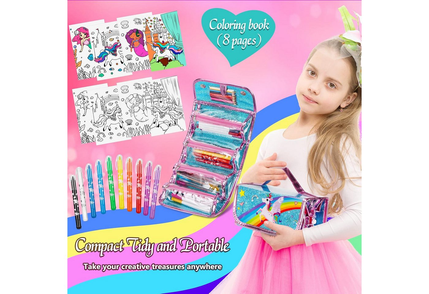 Auney Buntstift Malset Kinder Einhorn Malkoffer Federmäppchen 60 Teile Set, (Malset Kinder Einhorn mit Stiften Malbuch und Zubehör 60 Teile, 60-tlg., Kinder Malset Einhorn Zeichenset mit Stiften und Zubehör Set), Malset mit Einhorn Design 60 Teile mit Tasche und Zubehör Set Bild 4