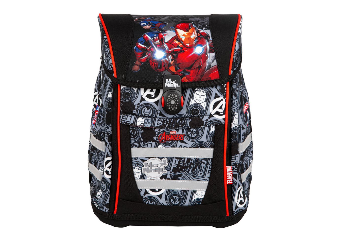 McNeill Schulranzen TENERIS Avengers 4-teilig mit Etui, Schlampermäppchen & Sportbeutel (Spar-Set, mit Sportbeutel, mit Federtasche, mit schlampermappe, mit Schlamperrolle), Air-Flow Rückensystem, Leichtgewicht ca. 980 g, 4-teiliges Set