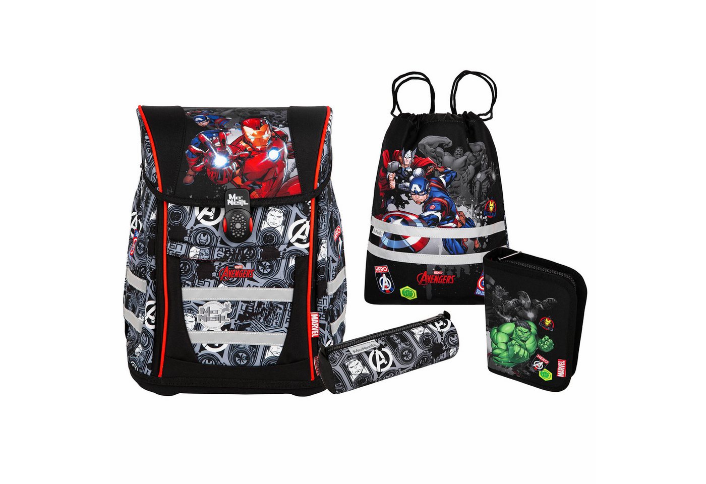 McNeill Schulranzen TENERIS Avengers 4-teilig mit Etui, Schlampermäppchen & Sportbeutel (Spar-Set, mit Sportbeutel, mit Federtasche, mit schlampermappe, mit Schlamperrolle), Air-Flow Rückensystem, Leichtgewicht ca. 980 g, 4-teiliges Set Bild 2
