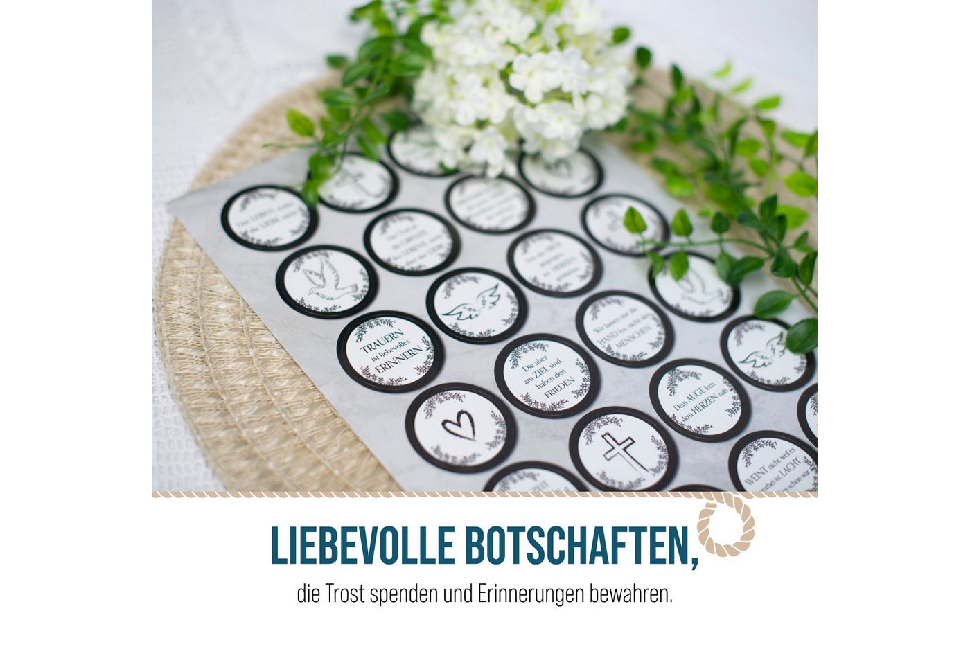 Logbuch-Verlag Aufkleber 24 Aufkleber Trauer rund Ø 4 cm – Sticker-Bogen schwarz-weiß mit Bild 2