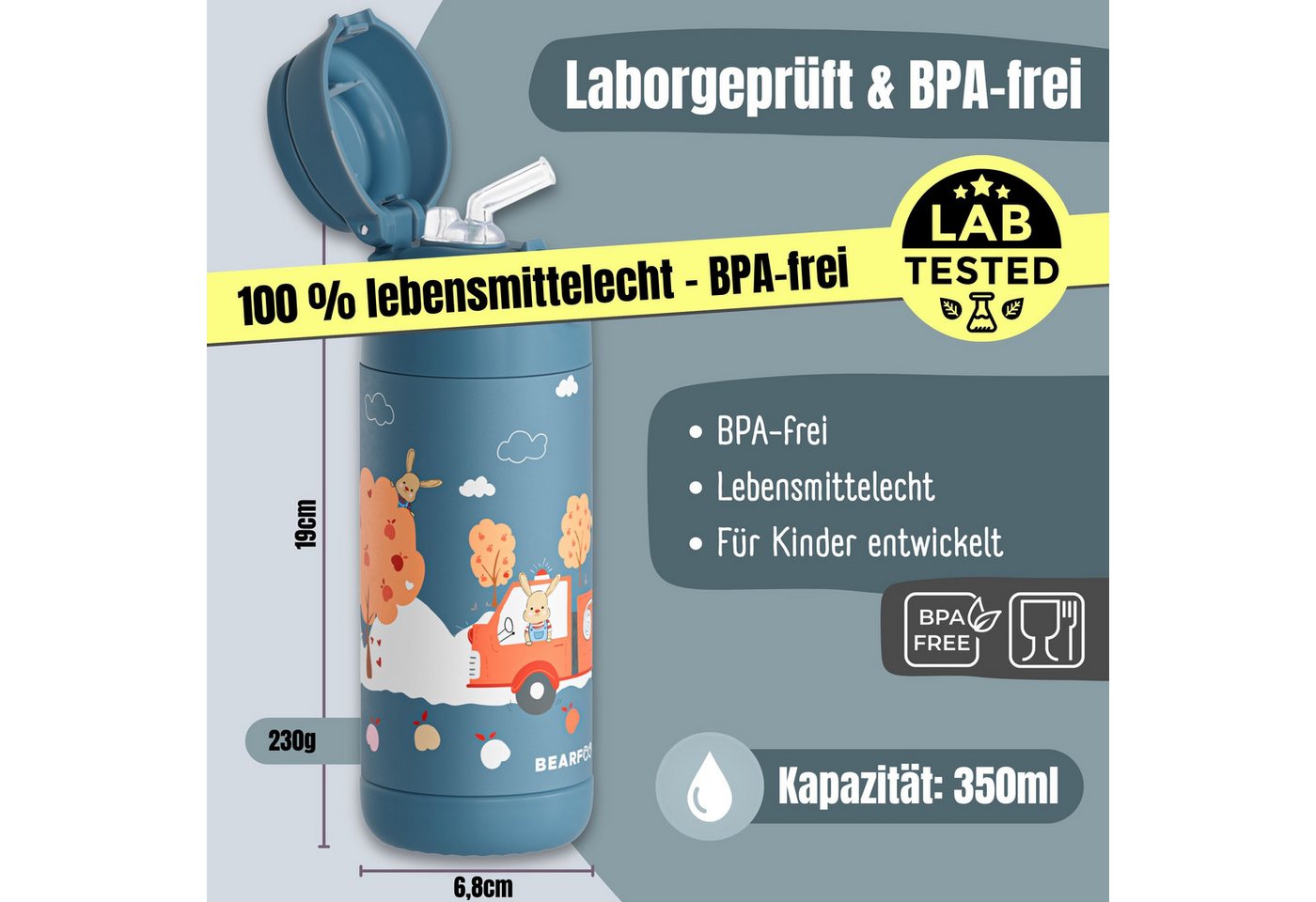 BEARFOOT Trinkflasche Thermo Kinder Trinkflasche Edelstahl - Feuerwehr Hase blau, Thermosflasche, auslaufsicher, Edelstahl, Kinderflasche, BPA-frei