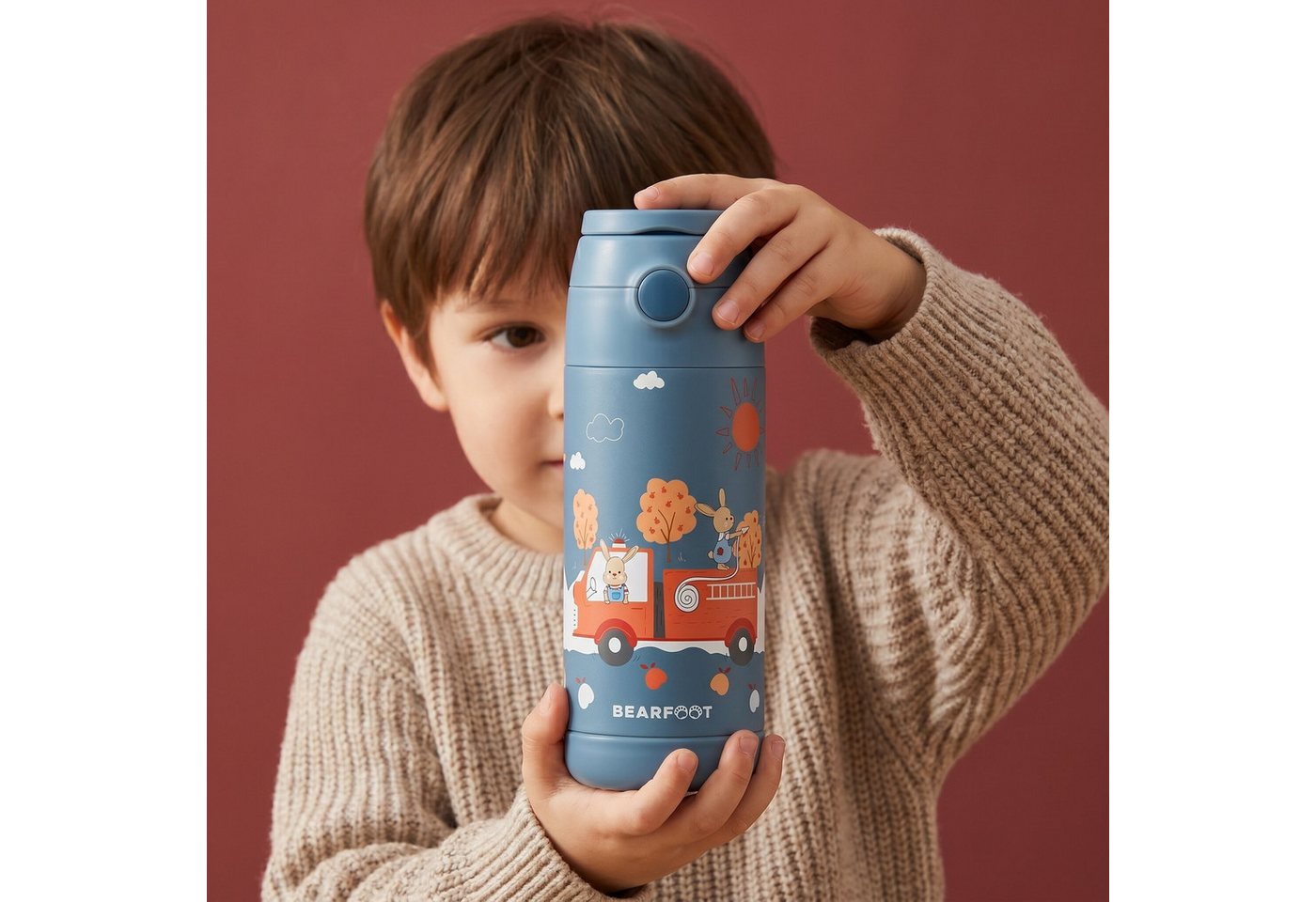 BEARFOOT Trinkflasche Thermo Kinder Trinkflasche Edelstahl - Feuerwehr Hase blau, Thermosflasche, auslaufsicher, Edelstahl, Kinderflasche, BPA-frei Bild 2