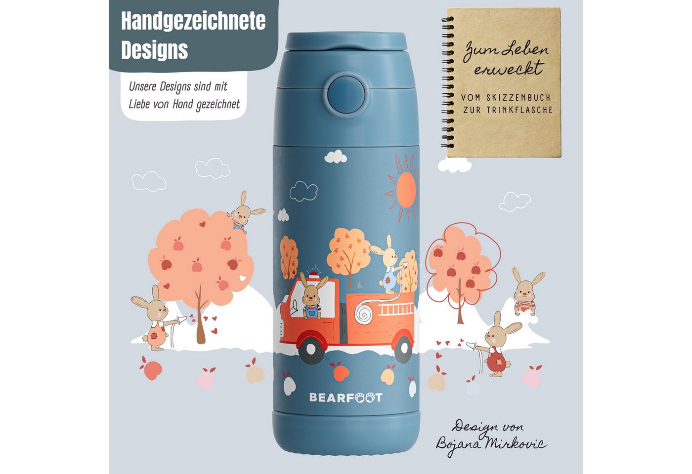 BEARFOOT Trinkflasche Thermo Kinder Trinkflasche Edelstahl - Feuerwehr Hase blau, Thermosflasche, auslaufsicher, Edelstahl, Kinderflasche, BPA-frei Bild 3