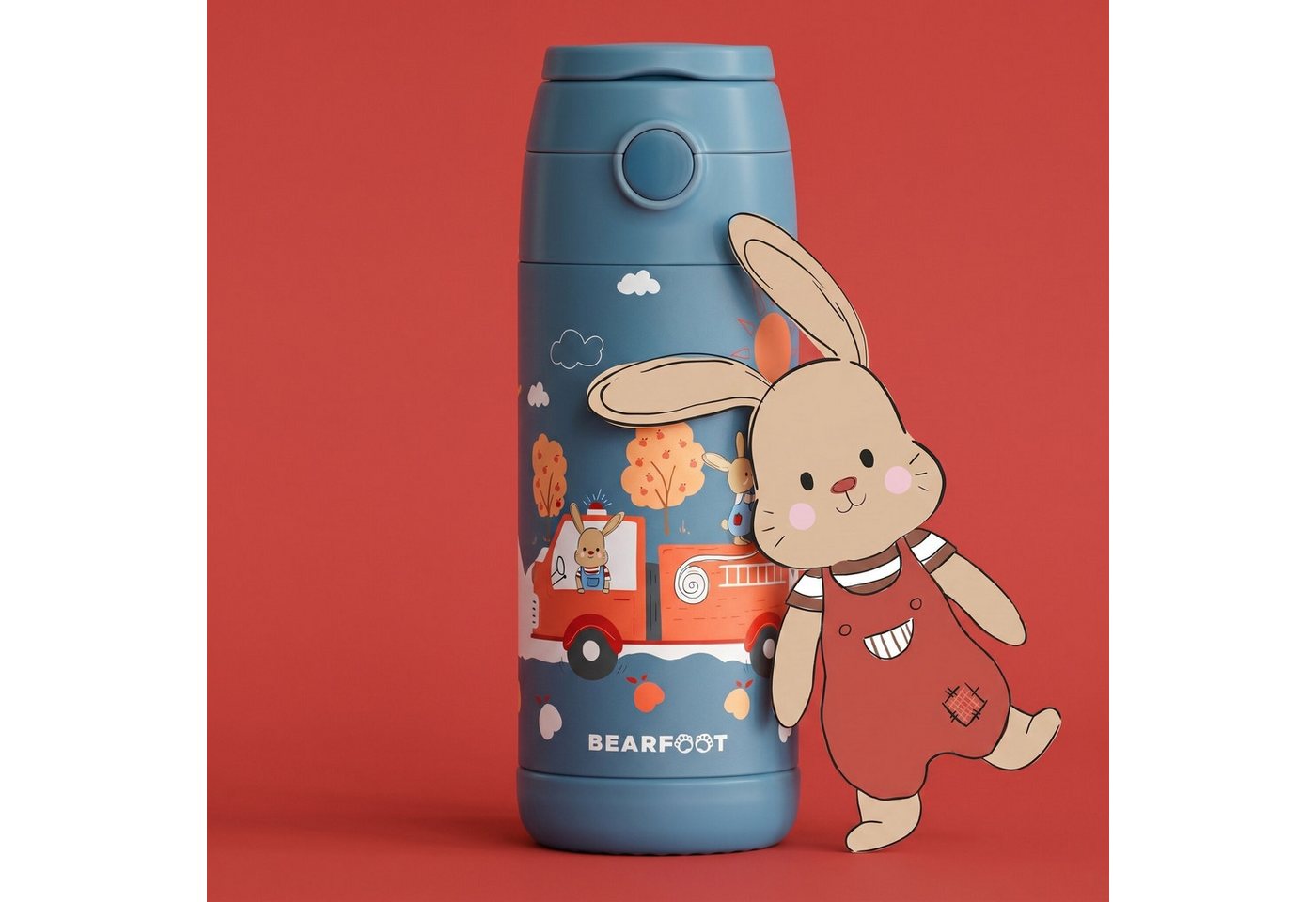 BEARFOOT Trinkflasche Thermo Kinder Trinkflasche Edelstahl - Feuerwehr Hase blau, Thermosflasche, auslaufsicher, Edelstahl, Kinderflasche, BPA-frei Bild 4