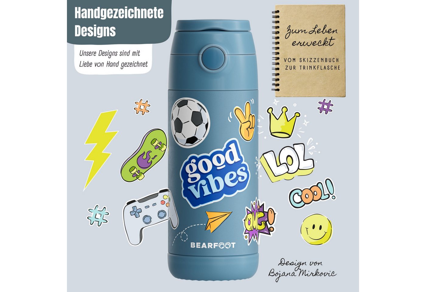 BEARFOOT Trinkflasche Thermo Kinder Trinkflasche Edelstahl - Sticker blau, Thermosflasche, auslaufsicher, Edelstahl, Kinderflasche, BPA-frei