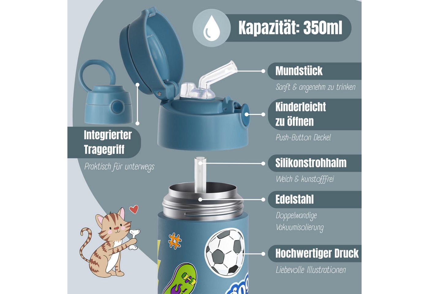 BEARFOOT Trinkflasche Thermo Kinder Trinkflasche Edelstahl - Sticker blau, Thermosflasche, auslaufsicher, Edelstahl, Kinderflasche, BPA-frei Bild 2