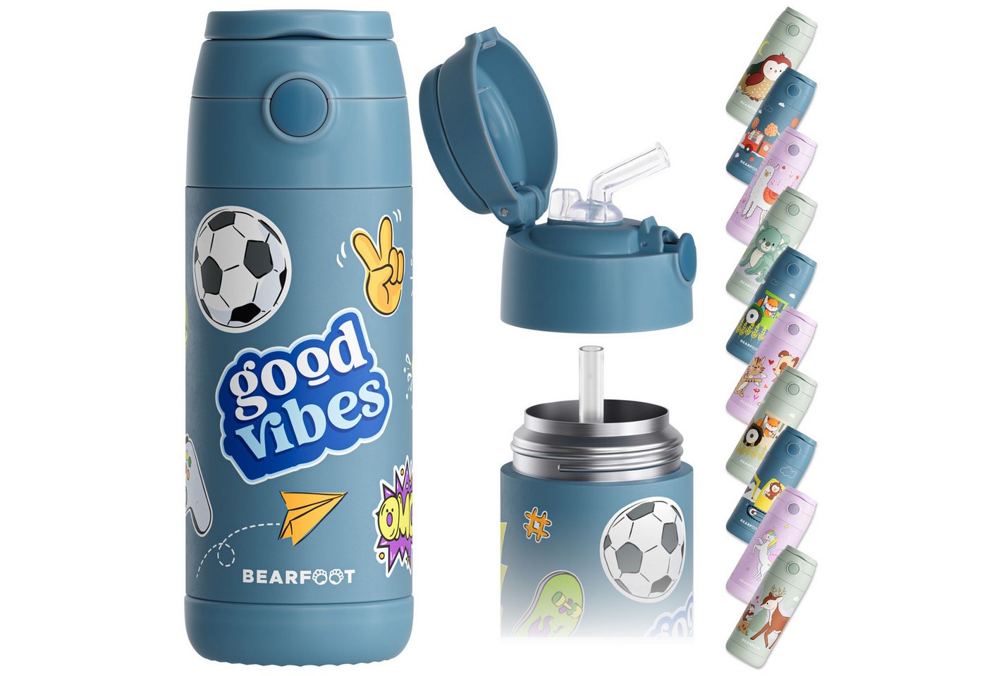 BEARFOOT Trinkflasche Thermo Kinder Trinkflasche Edelstahl - Sticker blau, Thermosflasche, auslaufsicher, Edelstahl, Kinderflasche, BPA-frei Bild 3