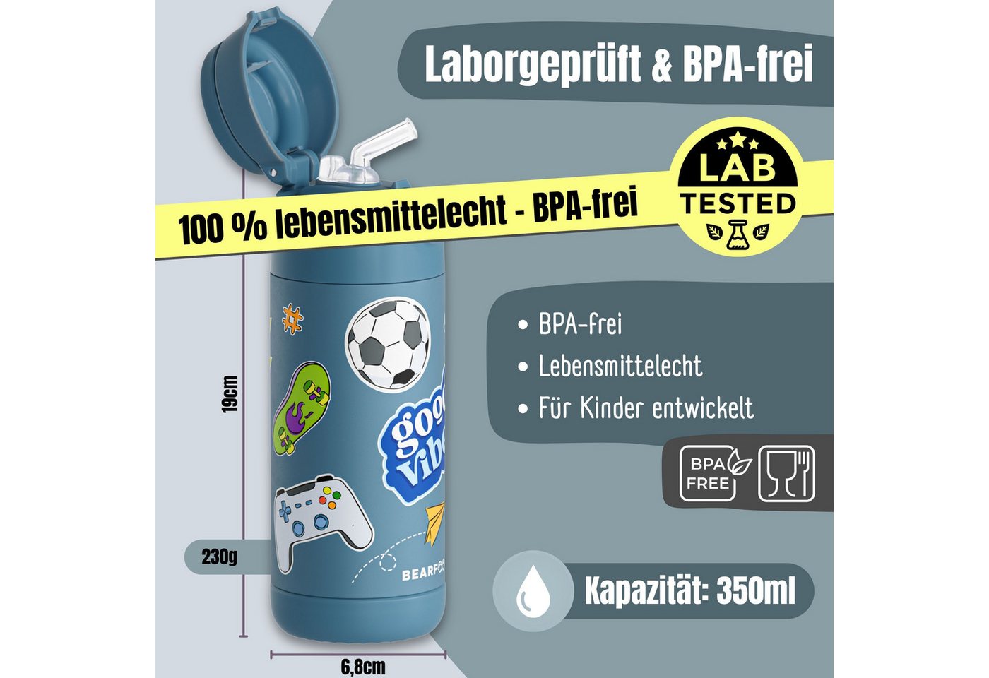 BEARFOOT Trinkflasche Thermo Kinder Trinkflasche Edelstahl - Sticker blau, Thermosflasche, auslaufsicher, Edelstahl, Kinderflasche, BPA-frei Bild 4