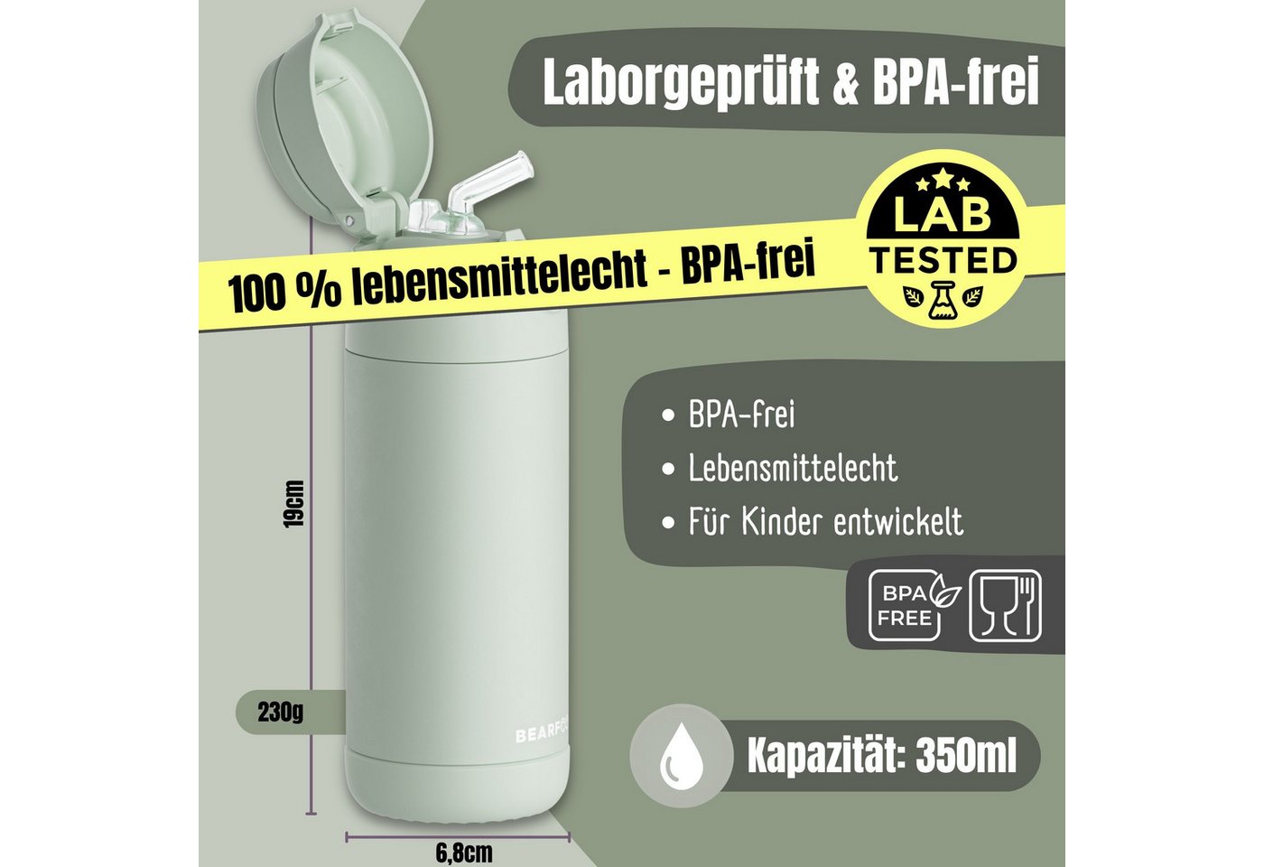 BEARFOOT Trinkflasche Thermo Kinder Trinkflasche Edelstahl - grün, Thermosflasche, auslaufsicher, Edelstahl, Kinderflasche, BPA-frei