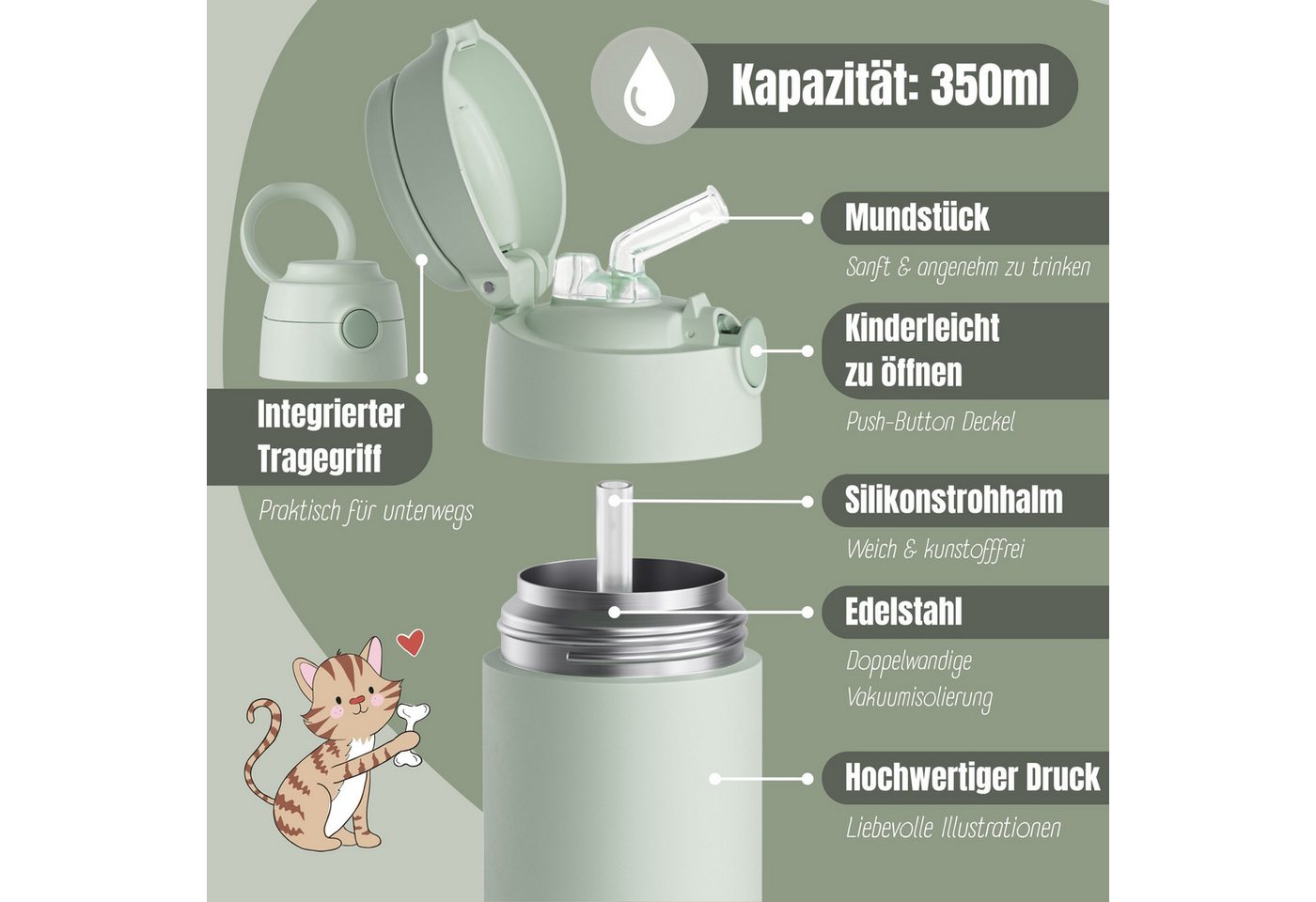 BEARFOOT Trinkflasche Thermo Kinder Trinkflasche Edelstahl - grün, Thermosflasche, auslaufsicher, Edelstahl, Kinderflasche, BPA-frei Bild 2