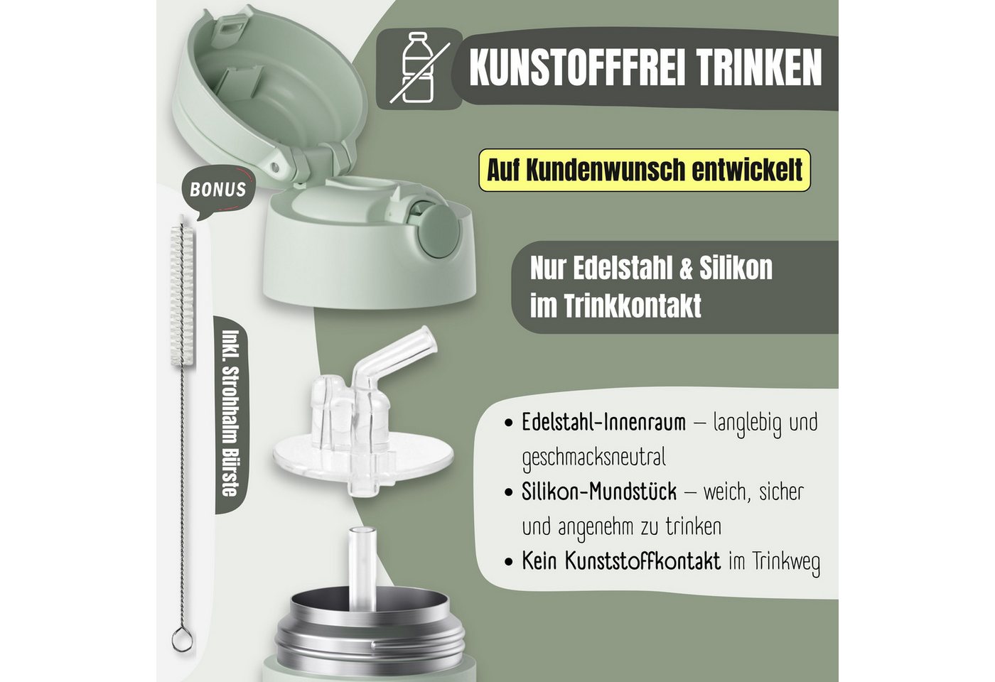 BEARFOOT Trinkflasche Thermo Kinder Trinkflasche Edelstahl - grün, Thermosflasche, auslaufsicher, Edelstahl, Kinderflasche, BPA-frei Bild 5