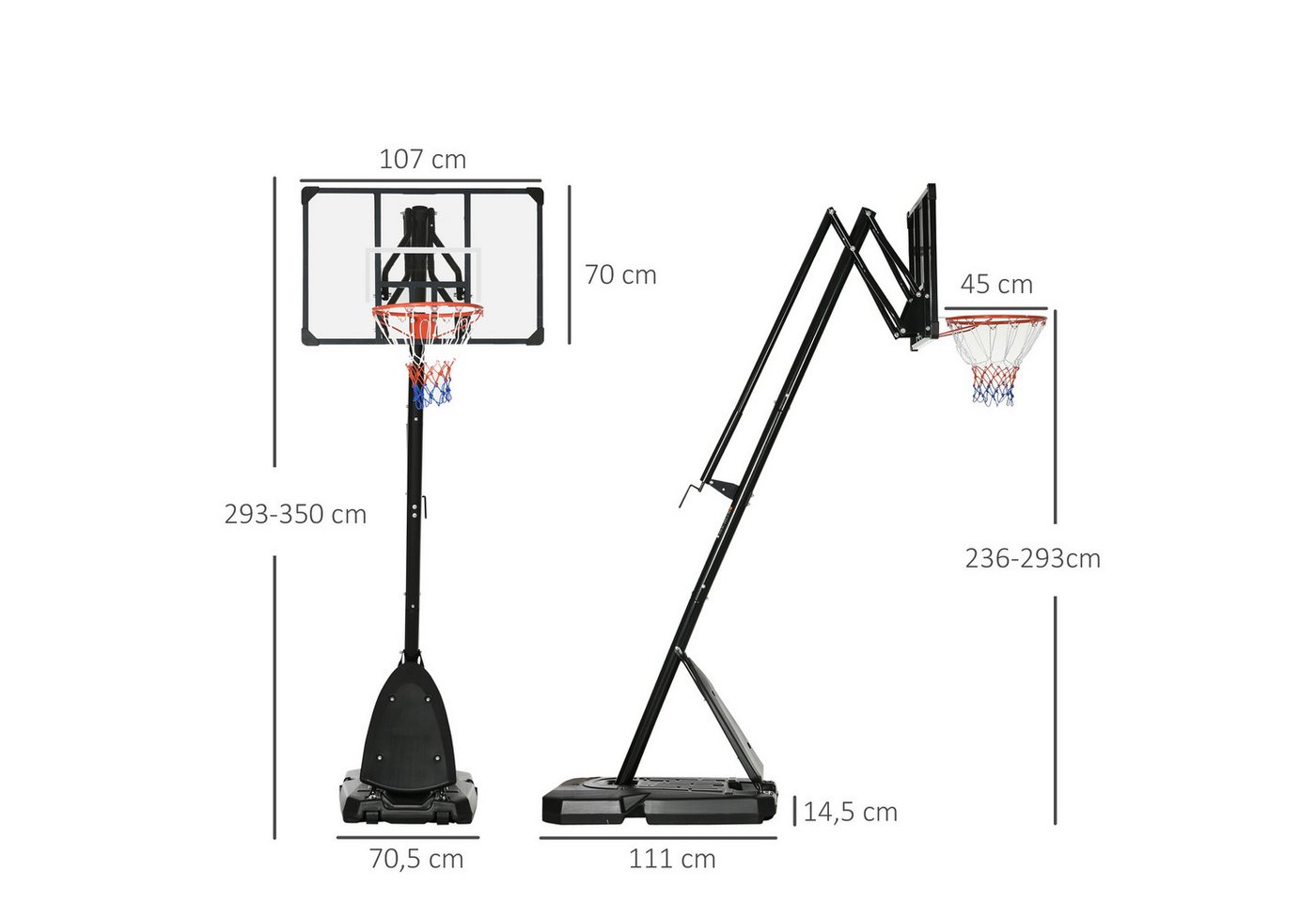 MC Star Basketballständer Höhenverstellbarer 293-350 cm mit rollbarem Backboard aus Stahl (für Garten & Sportplatz)