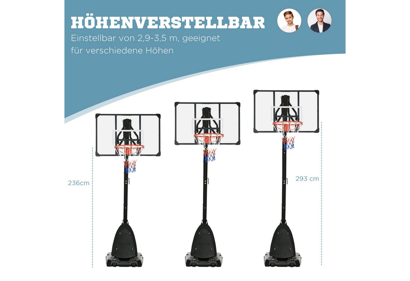 MC Star Basketballständer Höhenverstellbarer 293-350 cm mit rollbarem Backboard aus Stahl (für Garten & Sportplatz) Bild 5