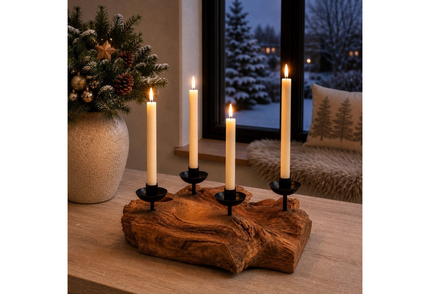 Online-Fuchs Adventskranz aus Wurzelholz mit schwarzen Stabkerzenhaltern - Weihnachstdeko, natürliche Gemütlichkeit und rustikaler Charme - 38 cm groß Bild 3