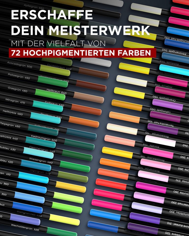 LIEBERGE Buntstift Premium Set 72 Farben + Kreativbuch zum Ausmalen 75 Motive, (Set, 2-tlg., 75 handillustrierte Motive, 72 Buntstifte im Profi-Nylon-Etui), 72 intensive abgestimmte Farben, 75 handillustrierte Motive