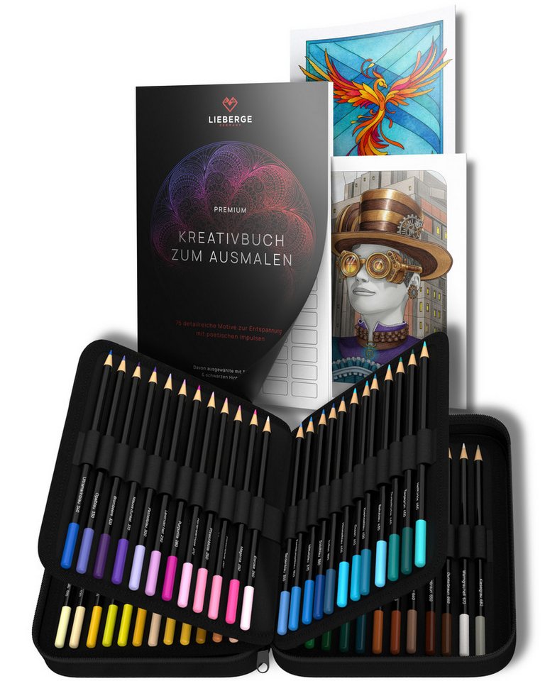 LIEBERGE Buntstift Premium Set 72 Farben + Kreativbuch zum Ausmalen 75 Motive, (Set, 2-tlg., 75 handillustrierte Motive, 72 Buntstifte im Profi-Nylon-Etui), 72 intensive abgestimmte Farben, 75 handillustrierte Motive Bild 2