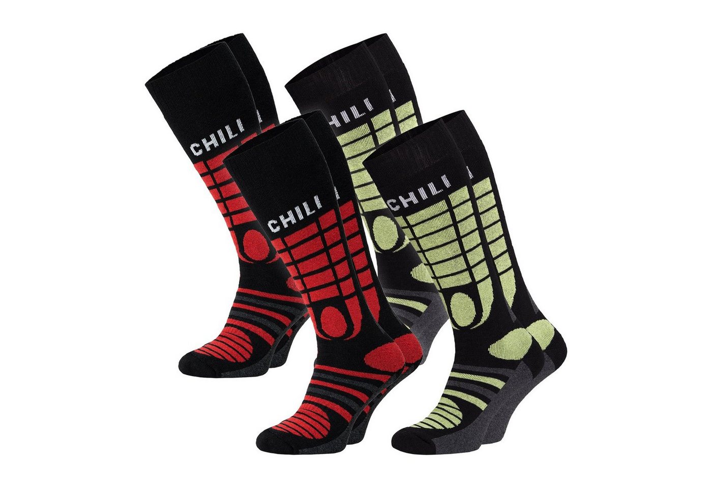 Chili Lifestyle Skisocken YEON gepolsterte Ski Kniestrümpfe Snowboard Winter aus Baumwolle (Multipack, 4-Paar, 2 Farbdesigns) Elastischer Bund