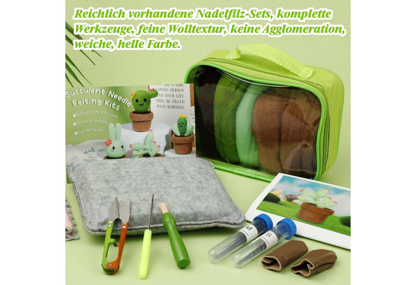 CLTYQ Kreativset Anfänger, Nadelfilz Set mit Box, 4-teiliges süßes Kaktus Wollfilz Set, Nadelfilzzubehör mit Nadelfilzpad, Filznadeln, Filzwolle, Anleitung Bild 2