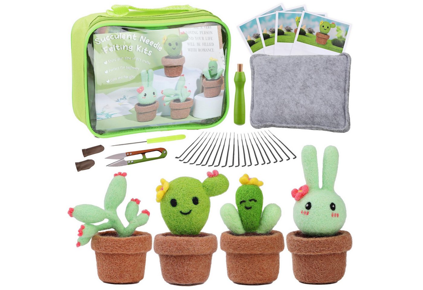 CLTYQ Kreativset Anfänger, Nadelfilz Set mit Box, 4-teiliges süßes Kaktus Wollfilz Set, Nadelfilzzubehör mit Nadelfilzpad, Filznadeln, Filzwolle, Anleitung Bild 3
