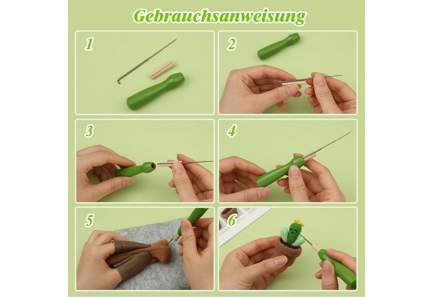 CLTYQ Kreativset Anfänger, Nadelfilz Set mit Box, 4-teiliges süßes Kaktus Wollfilz Set, Nadelfilzzubehör mit Nadelfilzpad, Filznadeln, Filzwolle, Anleitung Bild 5