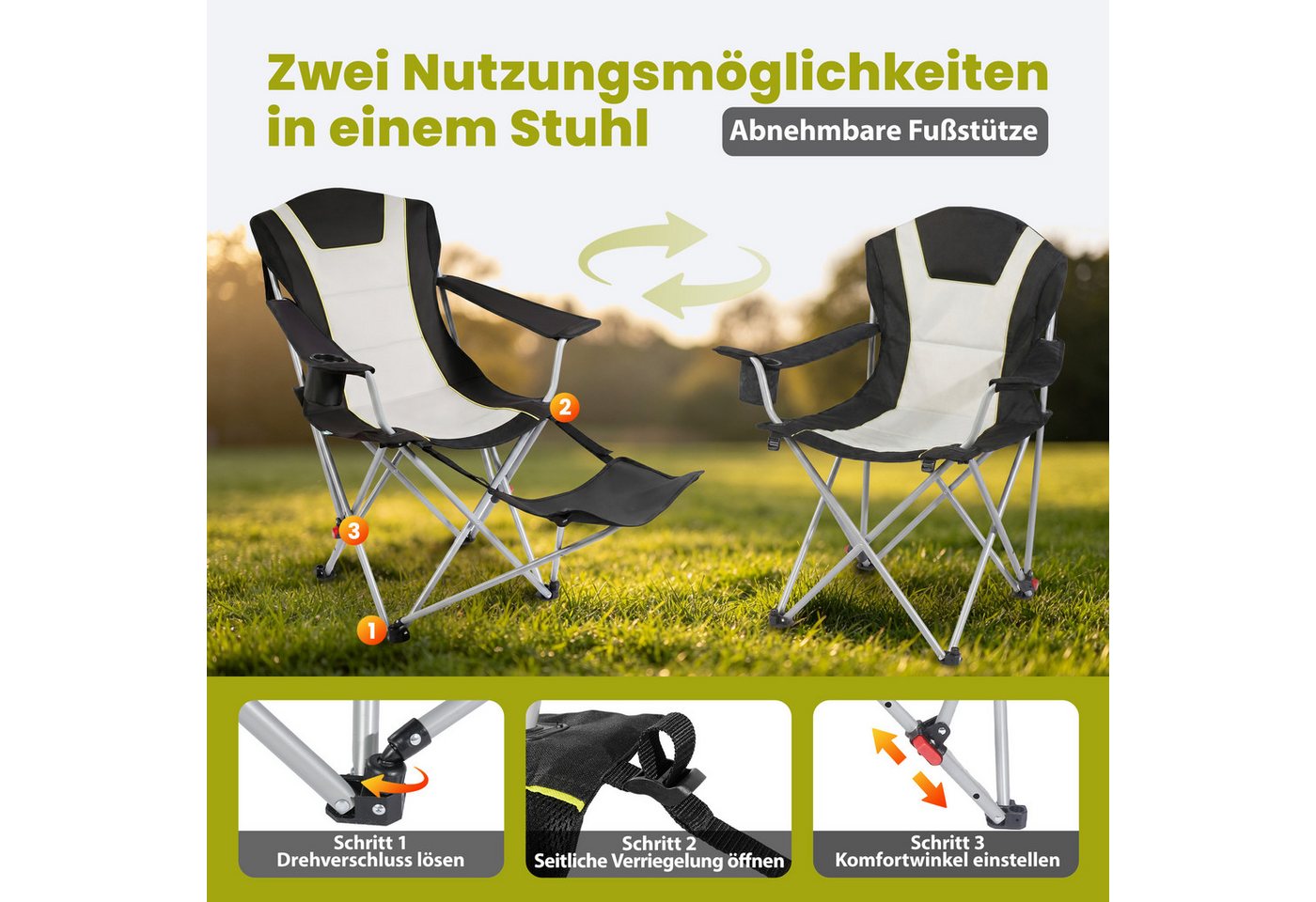 HOMECALL Campingstuhl mit fußstütze Klappstuhl Angelstuhl Faltbar gepolstert gartenstuhl (2-in-1-Funktion gartenstuhl klappbar campingstuhl mit fußablage), 3 fach Verstellbare Rückenlehne