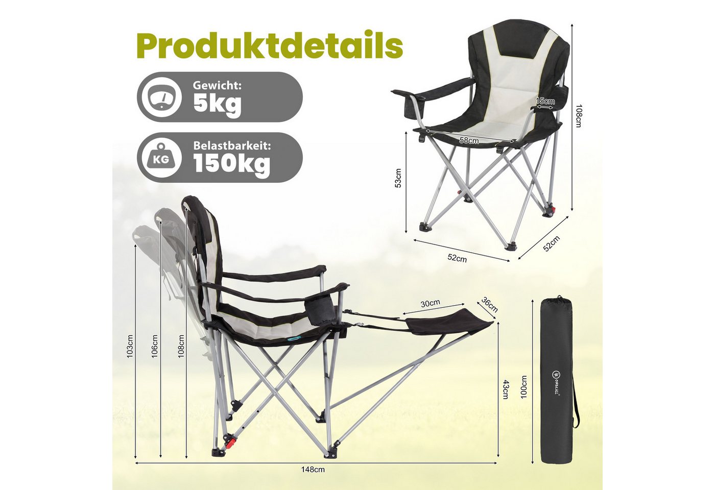 HOMECALL Campingstuhl mit fußstütze Klappstuhl Angelstuhl Faltbar gepolstert gartenstuhl (2-in-1-Funktion gartenstuhl klappbar campingstuhl mit fußablage), 3 fach Verstellbare Rückenlehne Bild 4