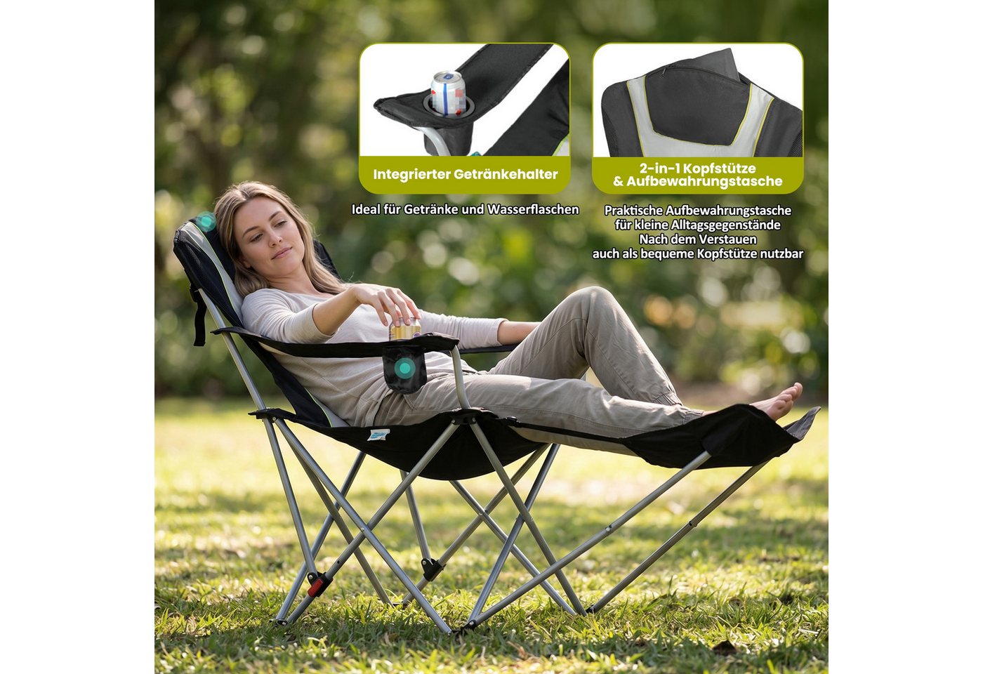 HOMECALL Campingstuhl mit fußstütze Klappstuhl Angelstuhl Faltbar gepolstert gartenstuhl (2-in-1-Funktion gartenstuhl klappbar campingstuhl mit fußablage), 3 fach Verstellbare Rückenlehne Bild 5