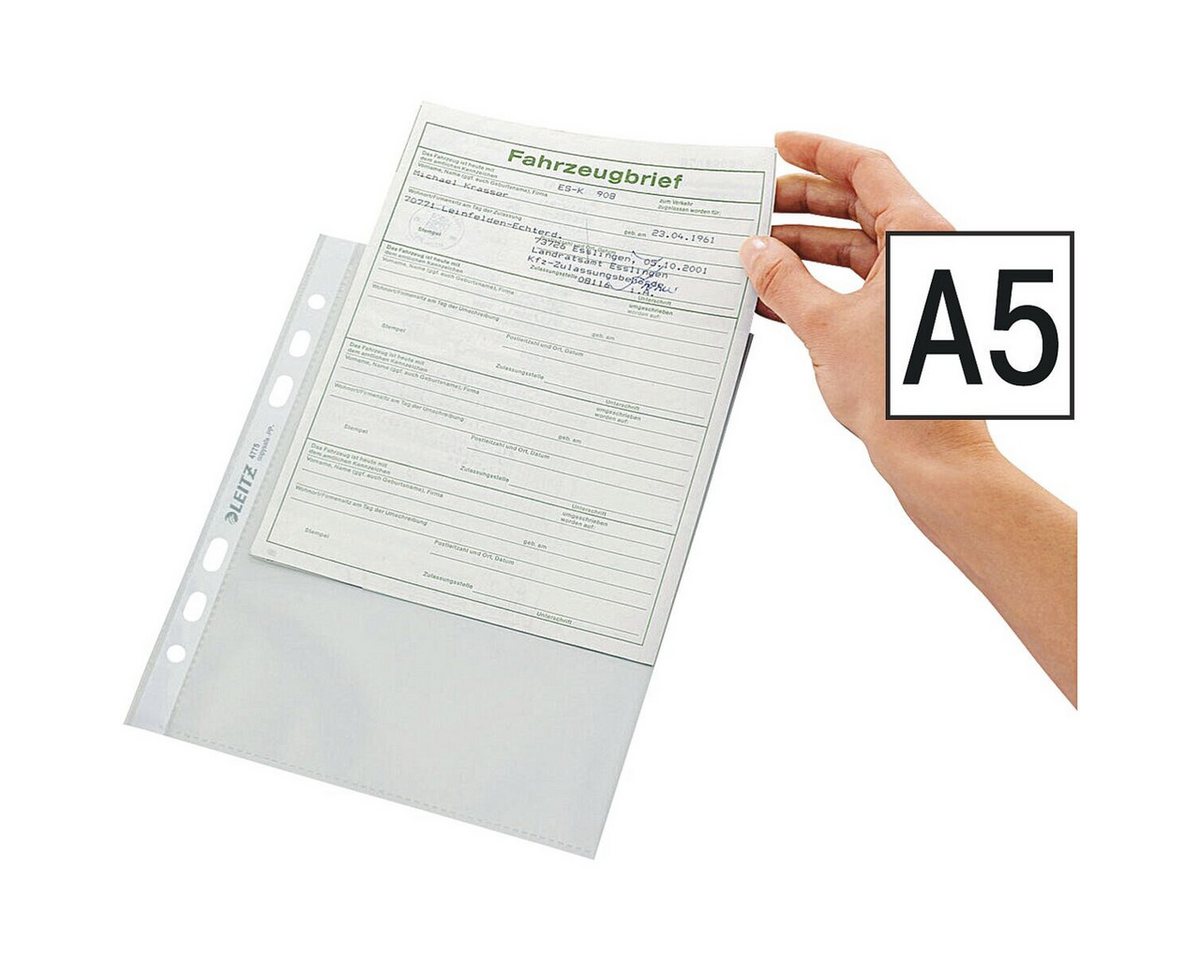 LEITZ Prospekthülle 4775, 100 Stück, glasklar, Format A5, 6-fach-Lochung, oben offen