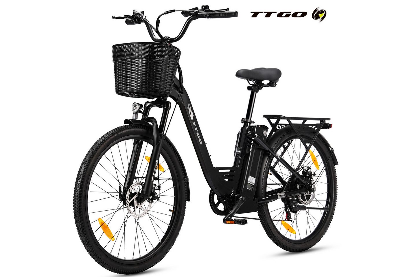 TTGO E-Bike Cityrad 26 Zoll, 650Wh, 120km, Federgabel, mit Frontkorb und Gepäckträger, 7 Gang SHIMANO, Kettenschaltung, Heckmotor, 650 Wh, (5 Stufen, Pedelec, bis zu 125kg, für ca. 160–185 cm), Farbdisplay, Aluminiumrahmen, Elektrofahrrad für Damen Herren Bild 4